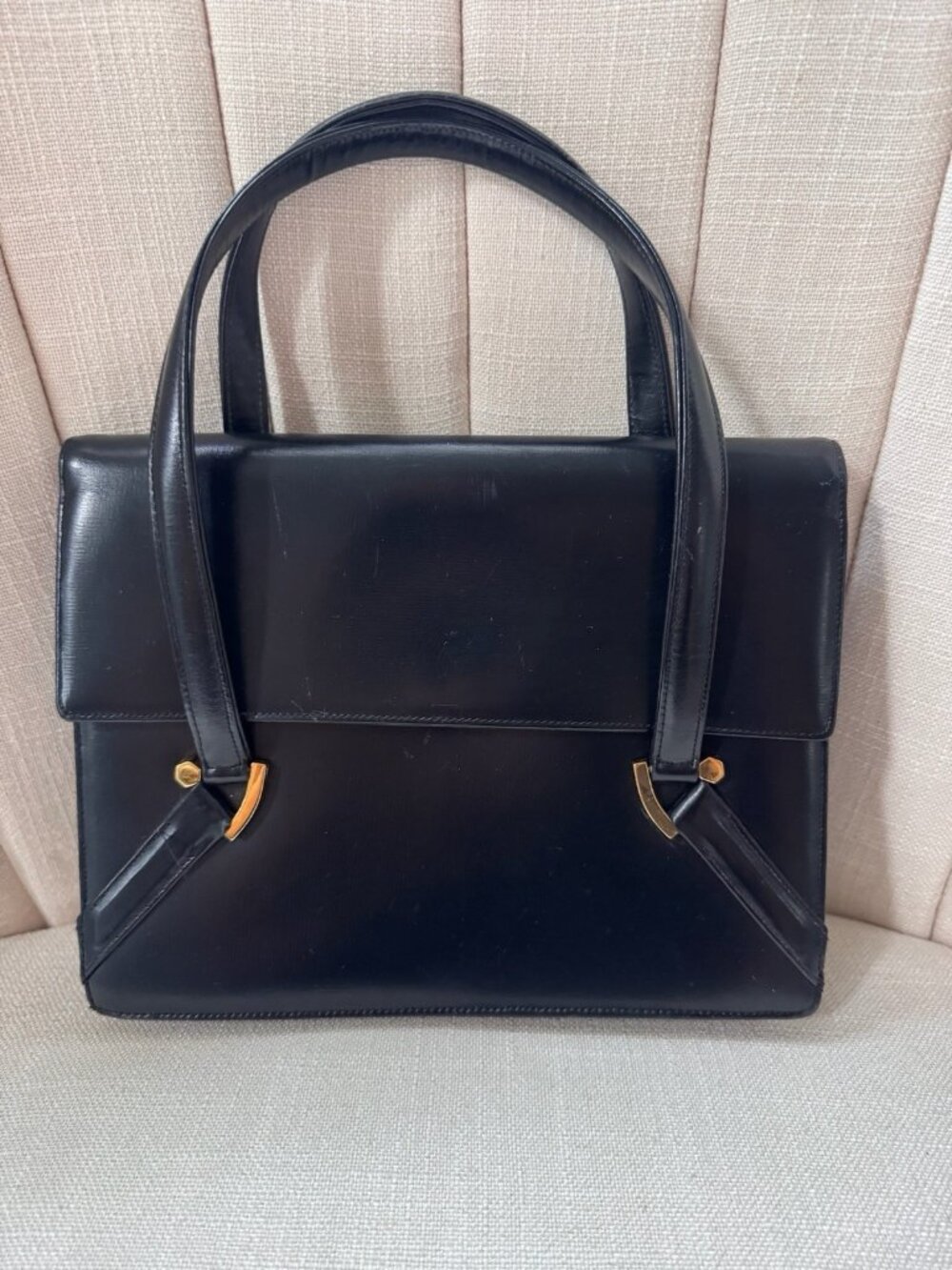 VTG Black Leather Ladies Top Handle Hand Bag Purse Black Gold w/ Coblentz Mirror